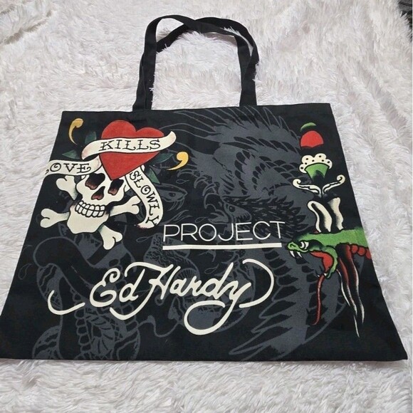 Ed Hardy Y2K 2000s Project Skull Heart Snake Tattoo Graphic Tote Bag 22x17" - Picture 1 of 7